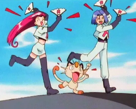 The Team Rocket trio striking their entrance pose on an open road